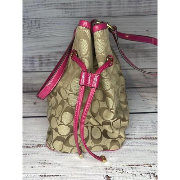 COACH F28501 Signature Stripe Drawstring Carryall Satchel Bag Pink Purse - Picture 10 of 16